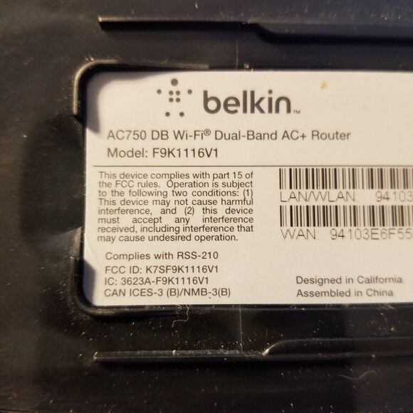 Belkin ac750 router and power supply model f9k1116v1 - Picture 5 of 6